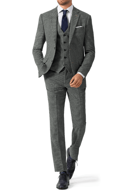 Traje de tweed de tres piezas con estampado de pata de gallo gris