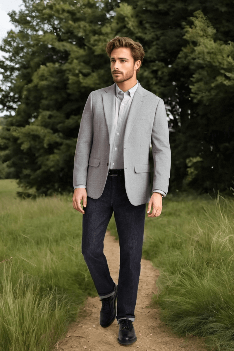 Grey Lined Lapel Width Single Breasted Jacket