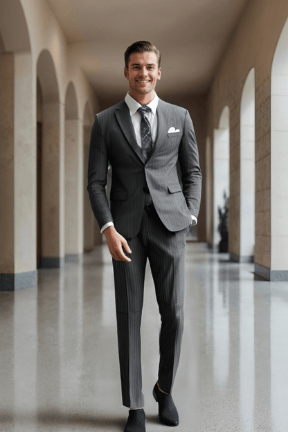 Grey Pinstripe Wool Notch Lapel Suit