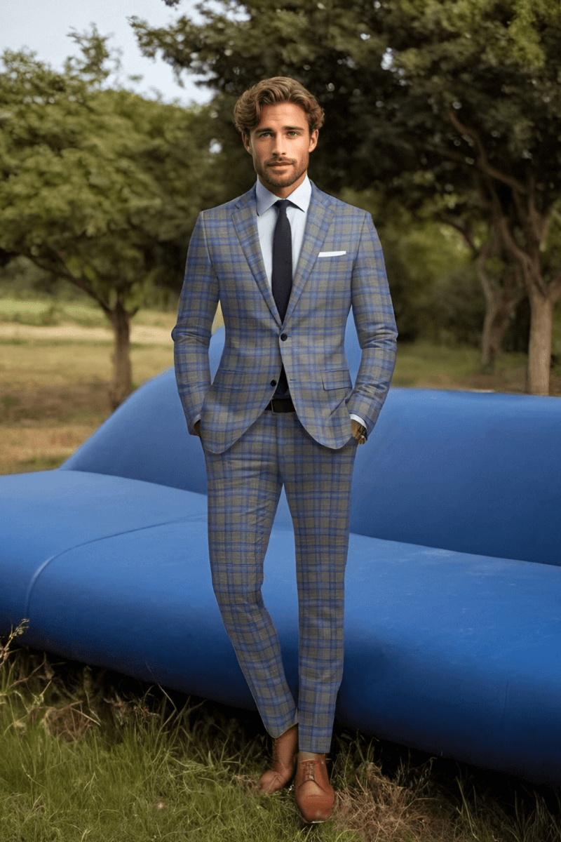 Grey Plaid 2-Button Wool Suit