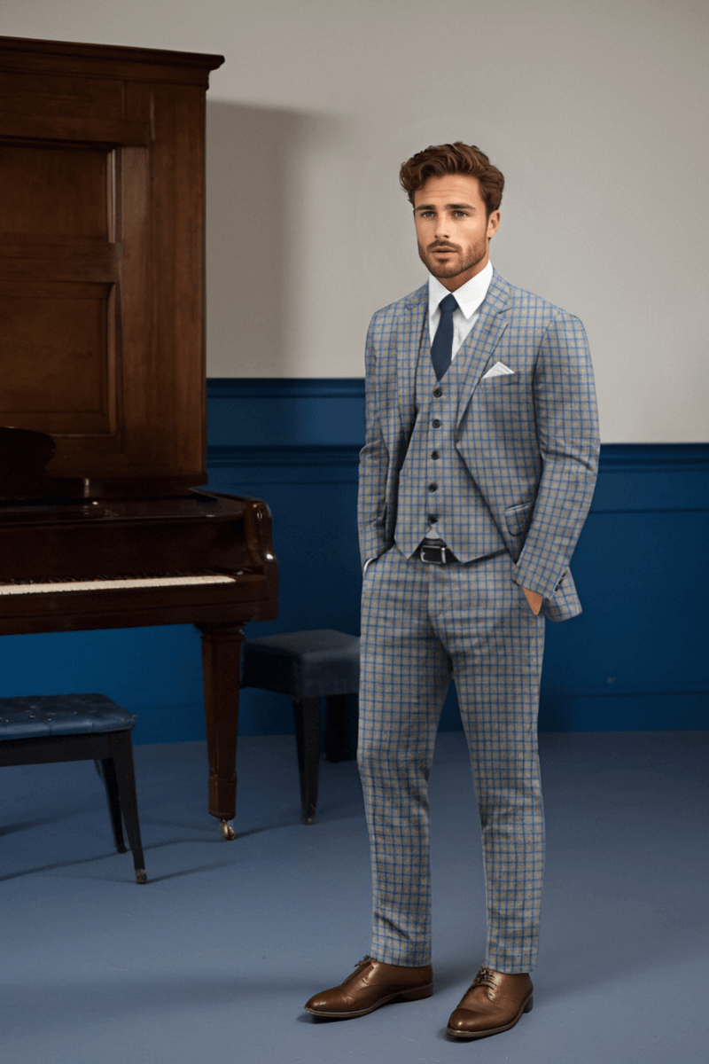 Grey Plaid Wool Lightweight 3-Piece Suit