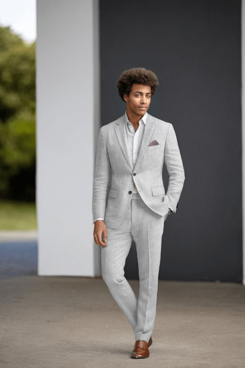 Grey Seersucker Notch Lapel Suit