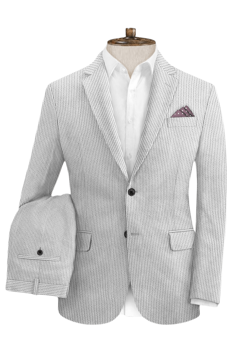 Grey Seersucker Notch Lapel Suit