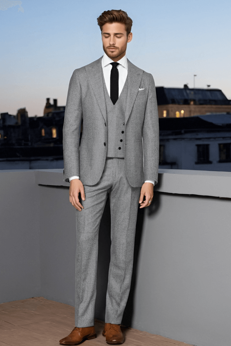 Grey Wool Single Breasted Peak Lapel 3-Piece Suit