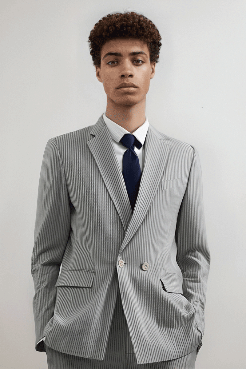 Hellgrauer, schmal geschnittener, zweiteiliger Zweireiher-Anzug mit Nadelstreifen