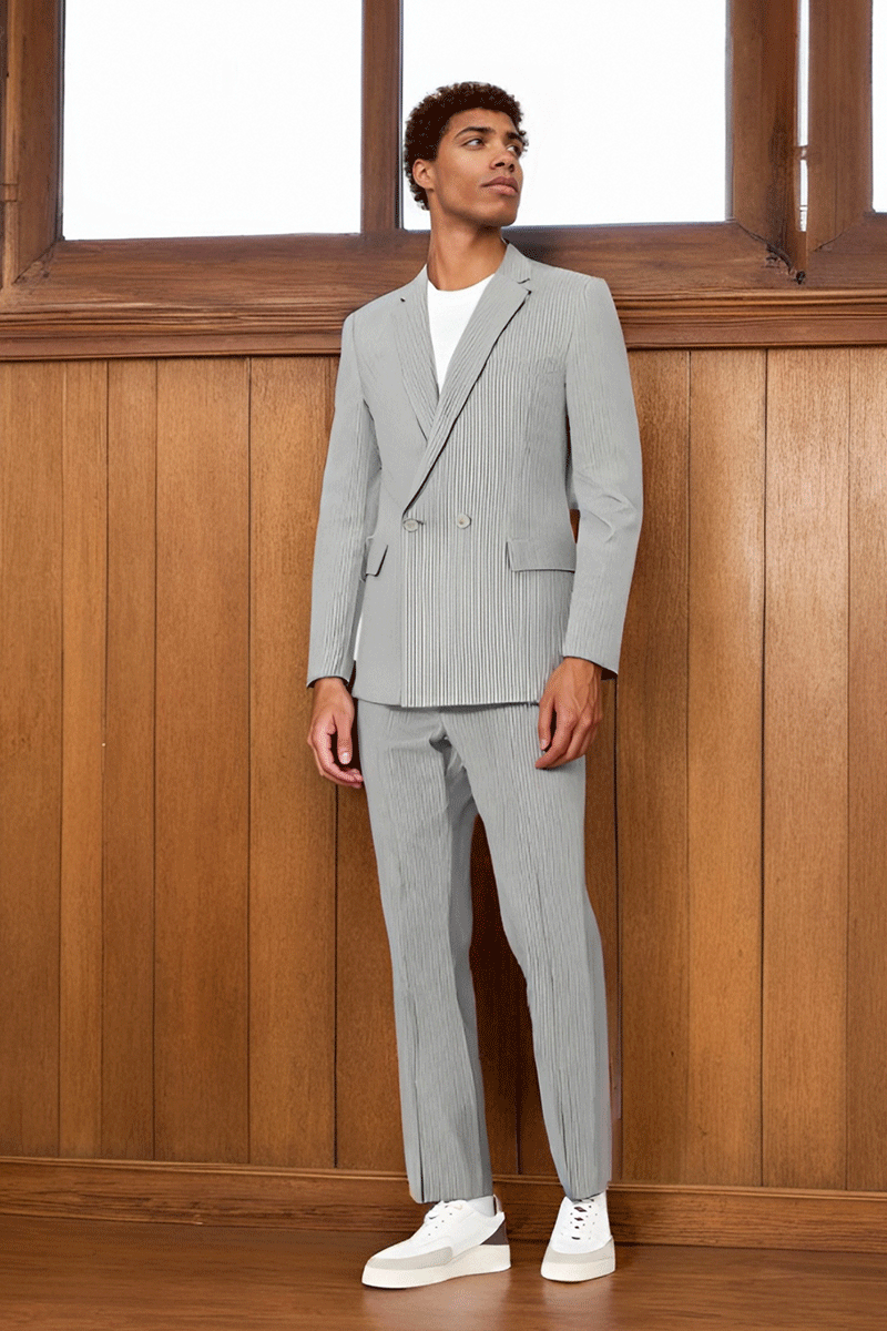 Light Gray Slim Fit Pinstripe 2 Piece Double Breasted Suit