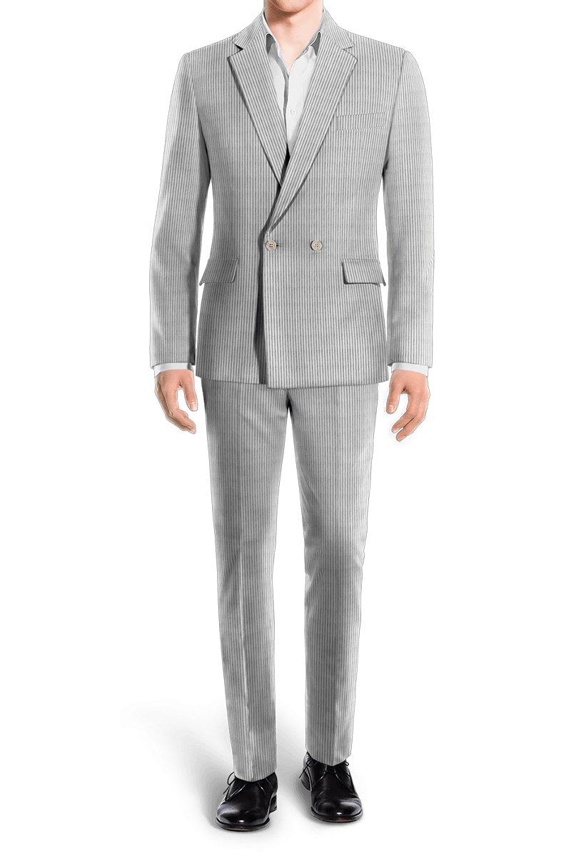Hellgrauer, schmal geschnittener, zweiteiliger Zweireiher-Anzug mit Nadelstreifen