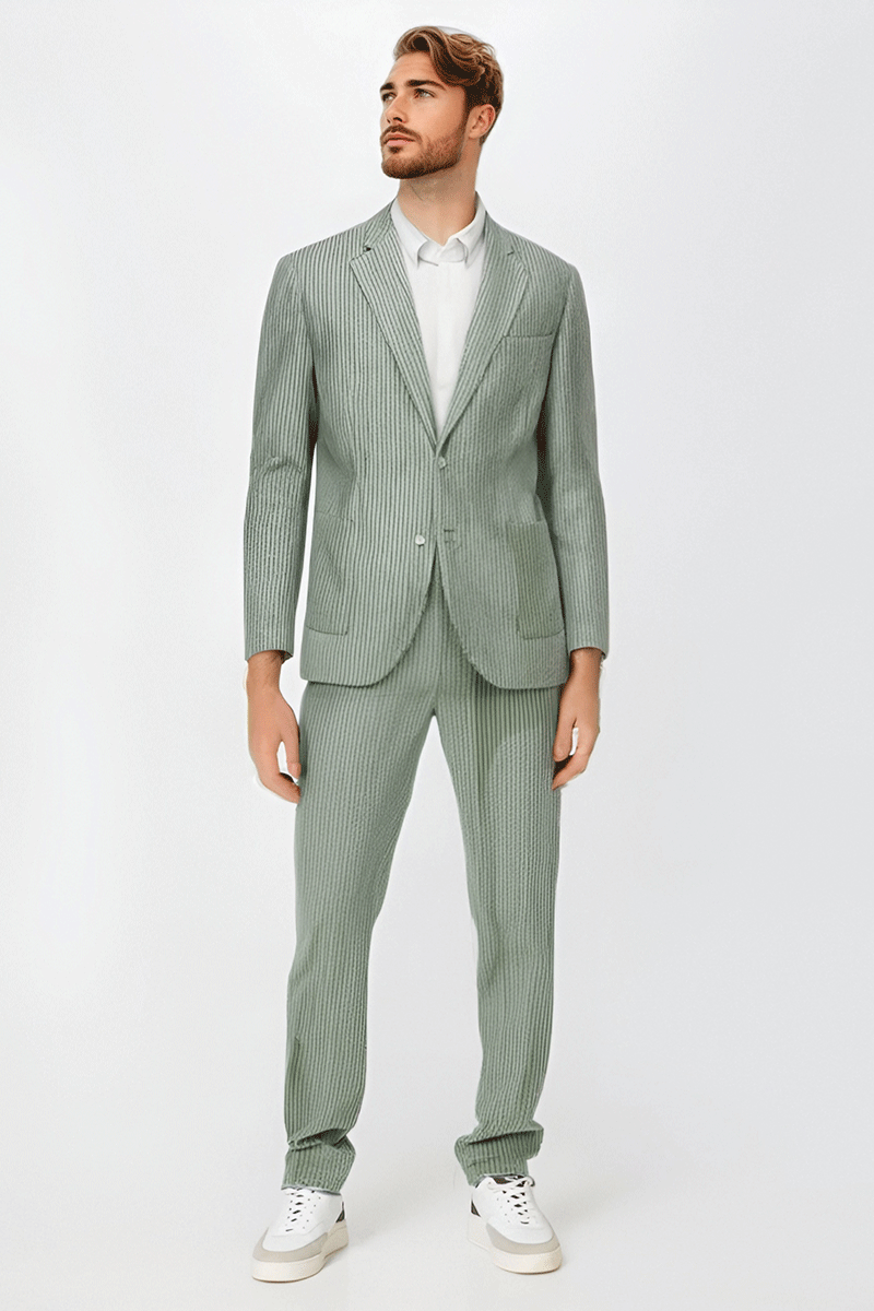 Traje de dos piezas de 2 botones de raya diplomática entallado verde claro