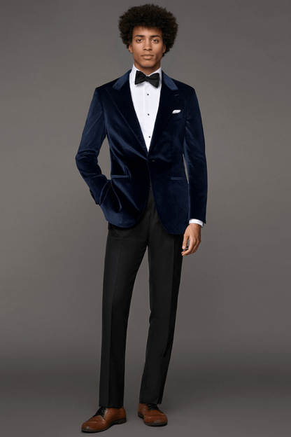 Navy Blue Cotton Peak Lapel Single Breasted Jacket