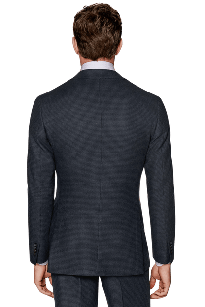 Navy Blue Houndstooth Wool Single Breasted Notch Lapel 3-Piece Suit