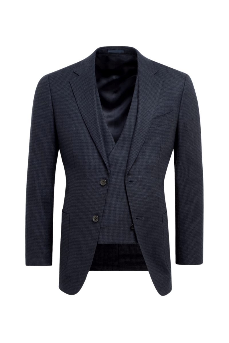 Navy Blue Houndstooth Wool Single Breasted Notch Lapel 3-Piece Suit