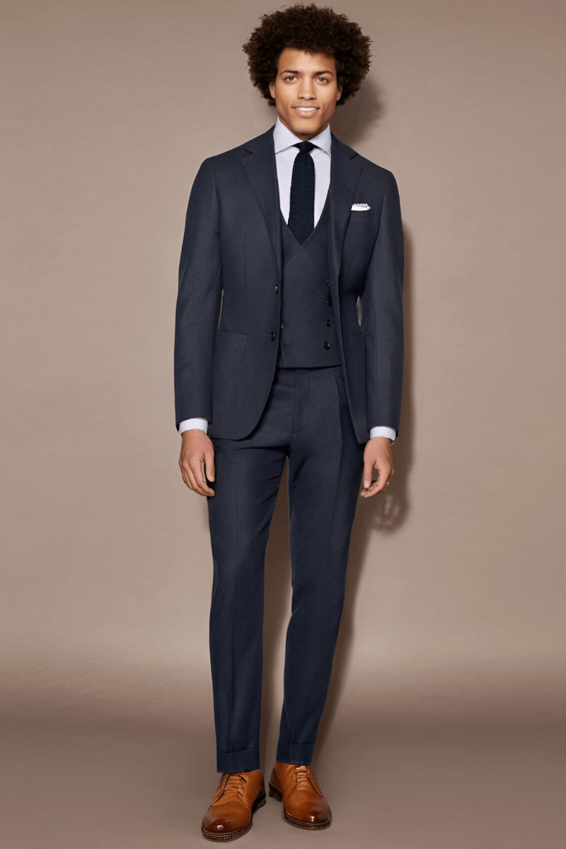 Navy Blue Houndstooth Wool Single Breasted Notch Lapel 3-Piece Suit