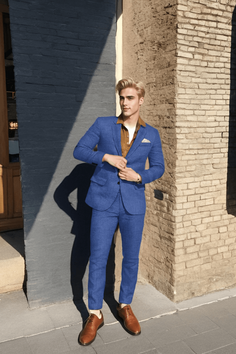 Navy Blue Solid 2-Button Linen Suit