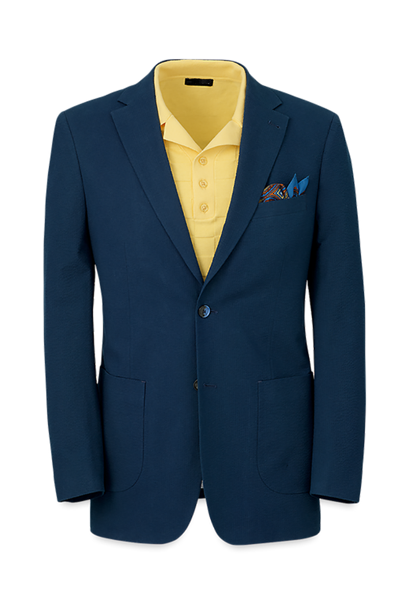 Navy Cotton Stretch Seersucker Notch Lapel Solid Suit