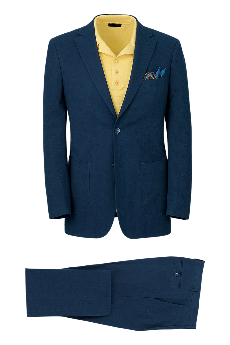 Navy Cotton Stretch Seersucker Notch Lapel Solid Suit