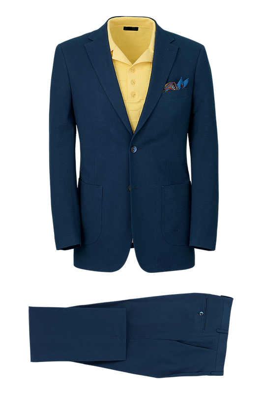 Navy Cotton Stretch Seersucker Notch Lapel Solid Suit