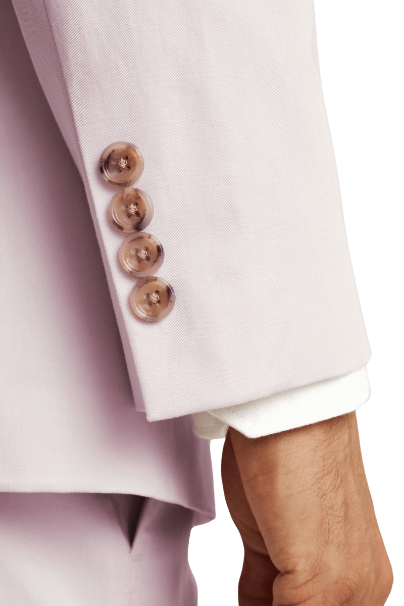 Traje italiano rosa de corte moderno con botonadura sencilla y dos botones