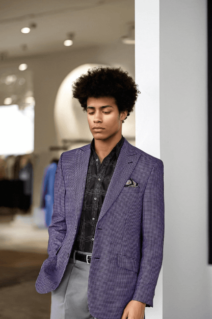 Purple Houndstooth Single Breasted Wool Peak Lapel Jacket