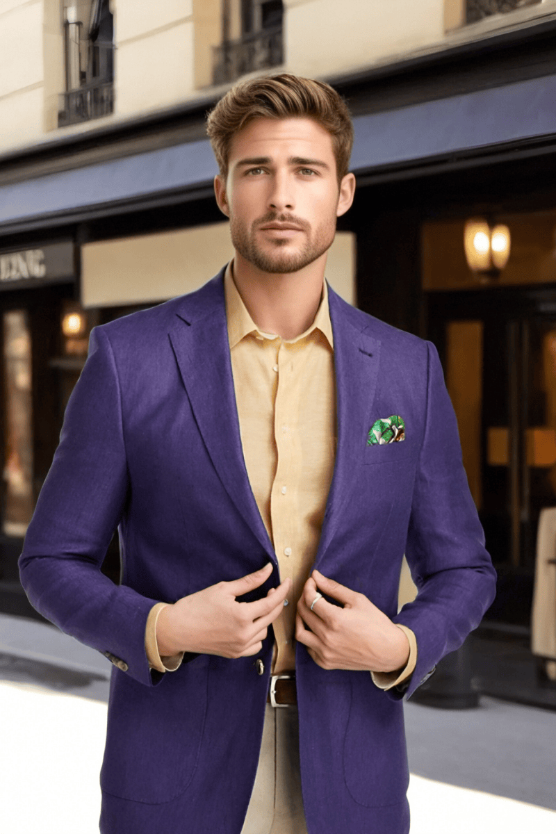 Veste à revers crantés en lin violet à simple boutonnage 