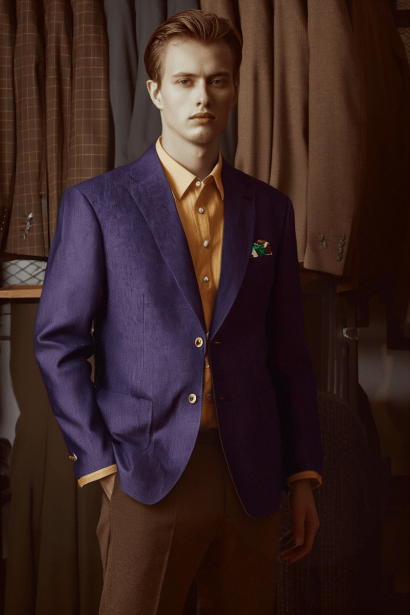 Veste à revers crantés en lin violet à simple boutonnage 