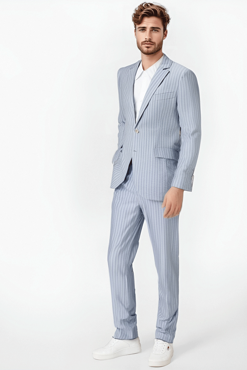Sky Blue Slim Fit Pinstripe 2 Piece 2 Button Suit