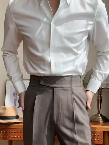 Men’s Gray High-Waist Pleated Dress Pants – Modern Formal Straight-Leg Trousers