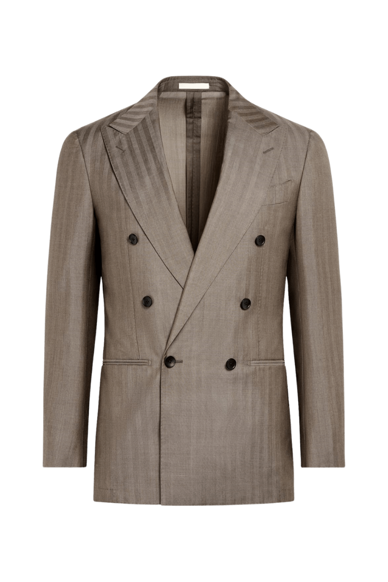 Tan Herringbone Stripe Wool Peak Lapel Double Breasted Suit