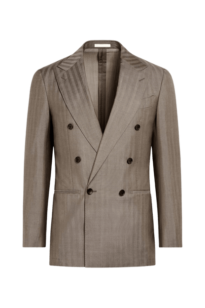 Tan Herringbone Stripe Wool Peak Lapel Double Breasted Suit