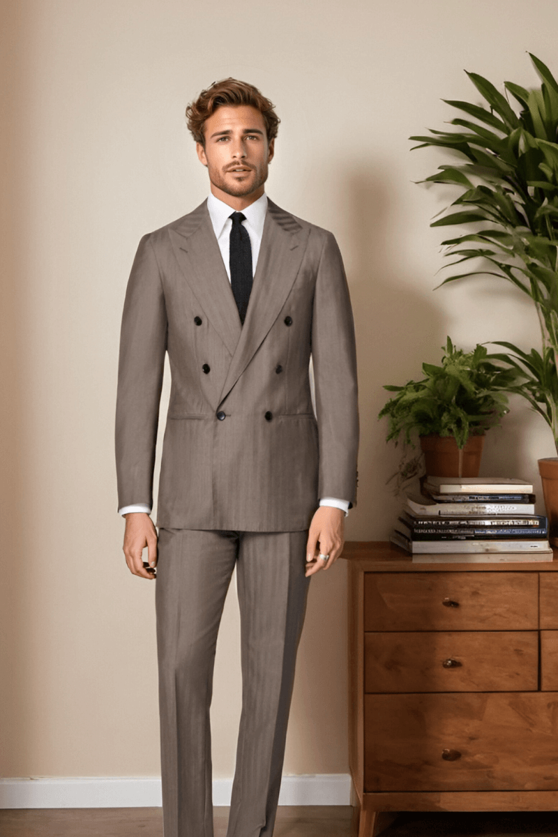 Tan Herringbone Stripe Wool Peak Lapel Double Breasted Suit