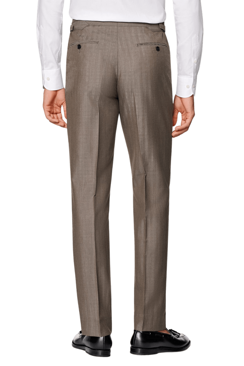 Tan Herringbone Stripe Wool Peak Lapel Double Breasted Suit