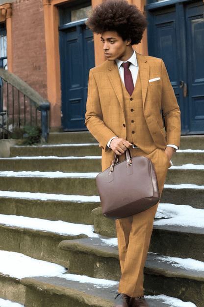 Tan Plaid 2-Button Wool 3-Piece Suit