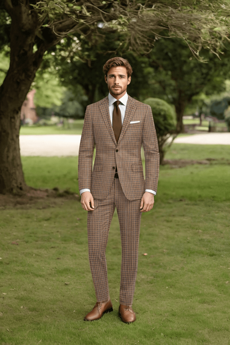 Tan Plaid Wool Lightweight Suit