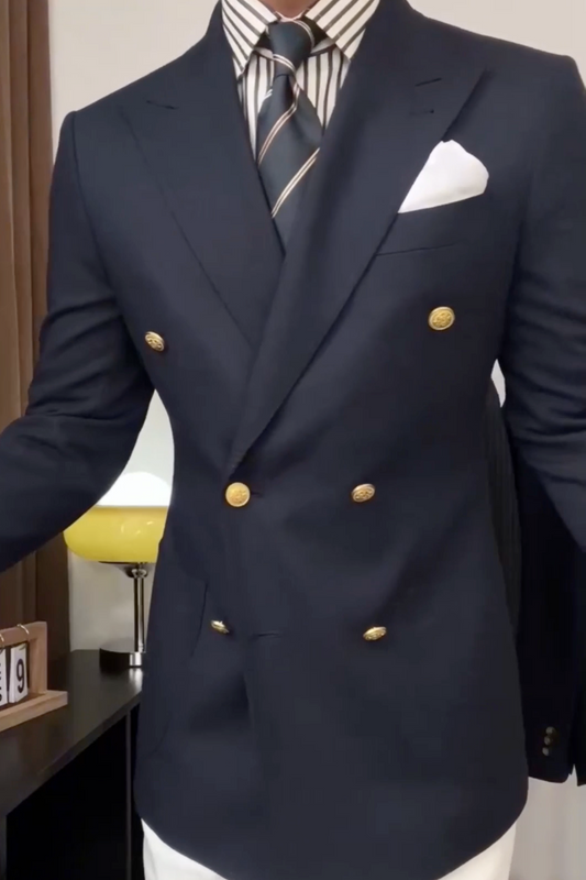 Dark Navy Peaked Lapel Double-breasted Blazer Suit