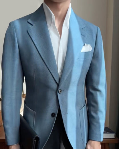 Blue  Notched Lapel Single-breasted Blazer Suit