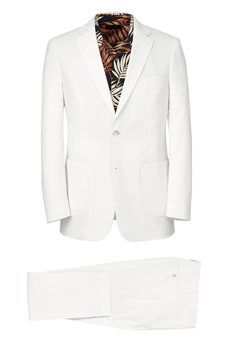 White Cotton Stretch Seersucker Notch Lapel Suit