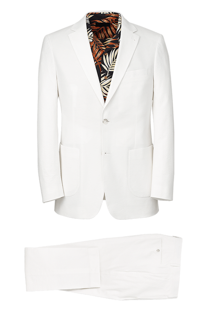 White Cotton Stretch Seersucker Notch Lapel Suit