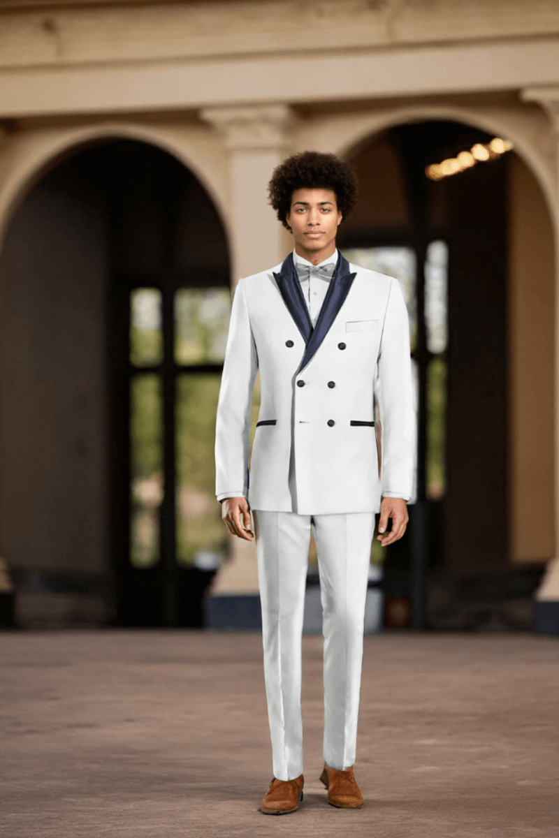 White Double Breasted Tuxedo with Blue Lapel Suit