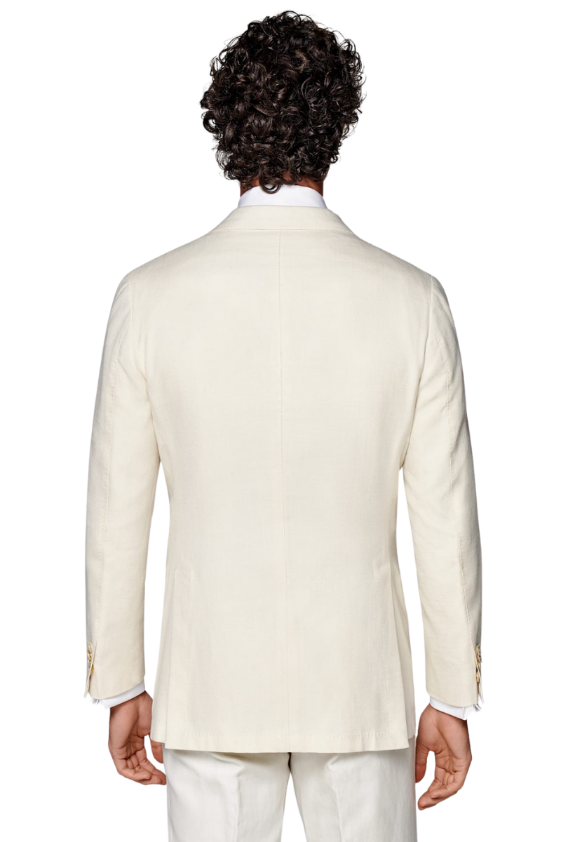 White Silk Cotton Peak Lapel Double Breasted Jacket