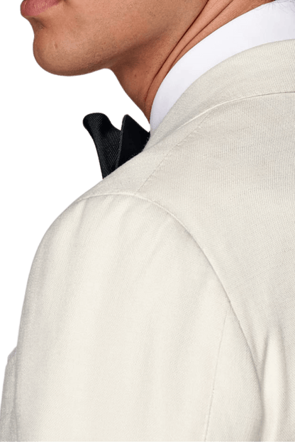 White Silk Cotton Peak Lapel Double Breasted Jacket