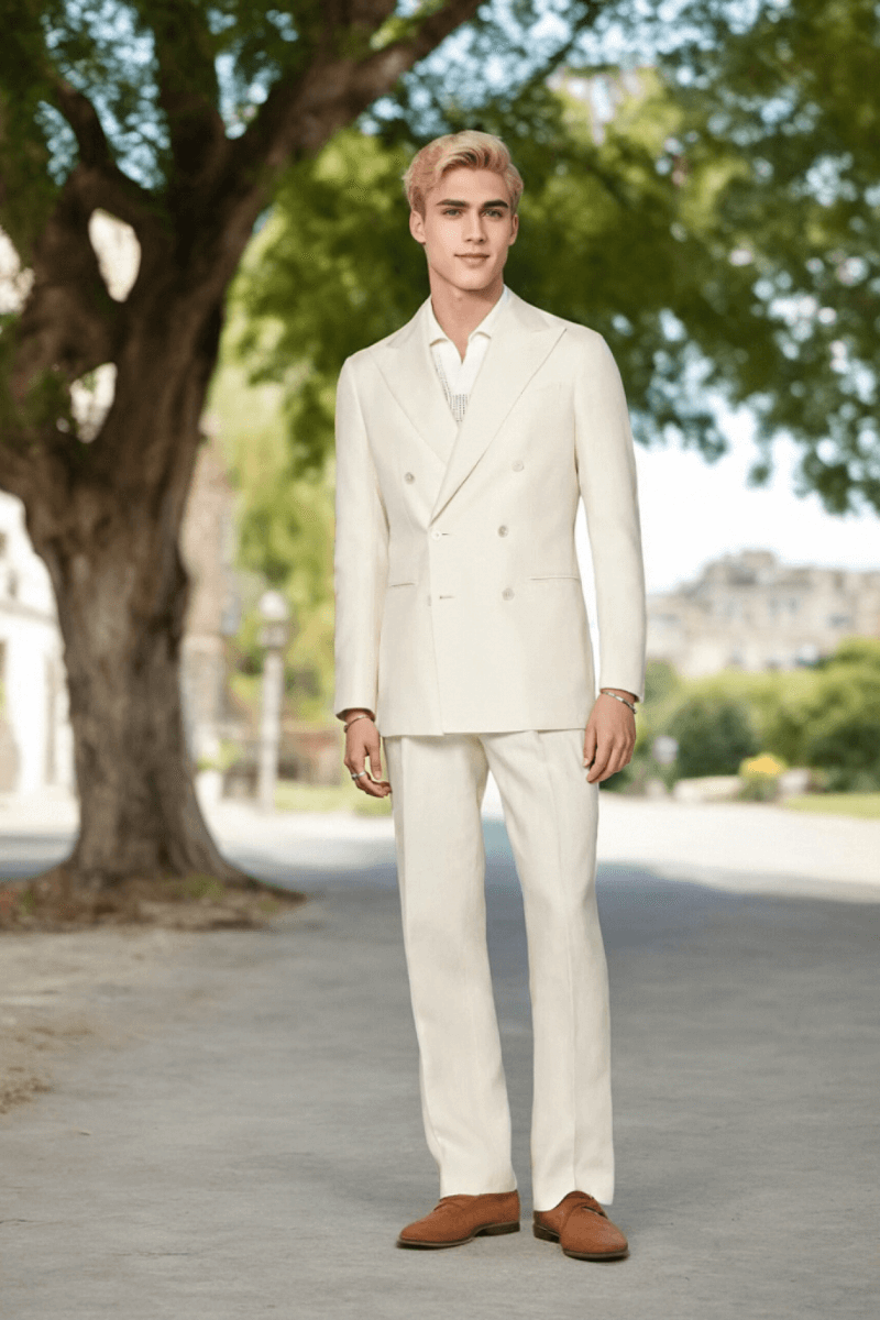 White Silk Cotton Peak Lapel Double Breasted Jacket