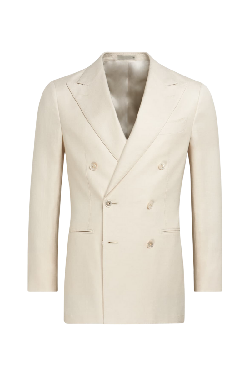 White Silk Cotton Peak Lapel Double Breasted Jacket