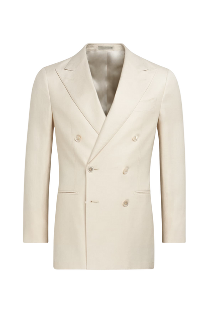 White Silk Cotton Peak Lapel Double Breasted Jacket