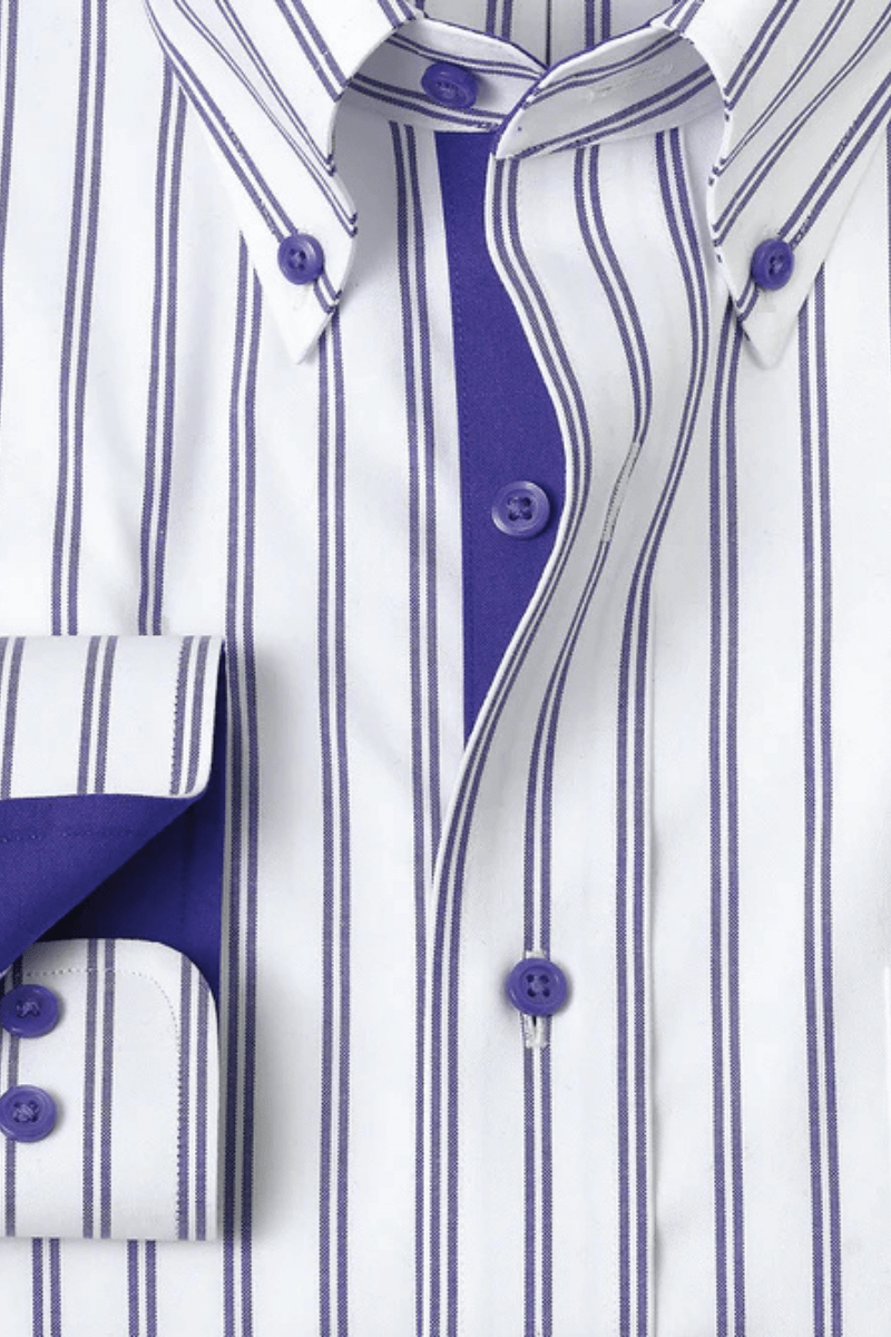 Camisa formal de rayas elásticas blancas y azules que no requiere planchado