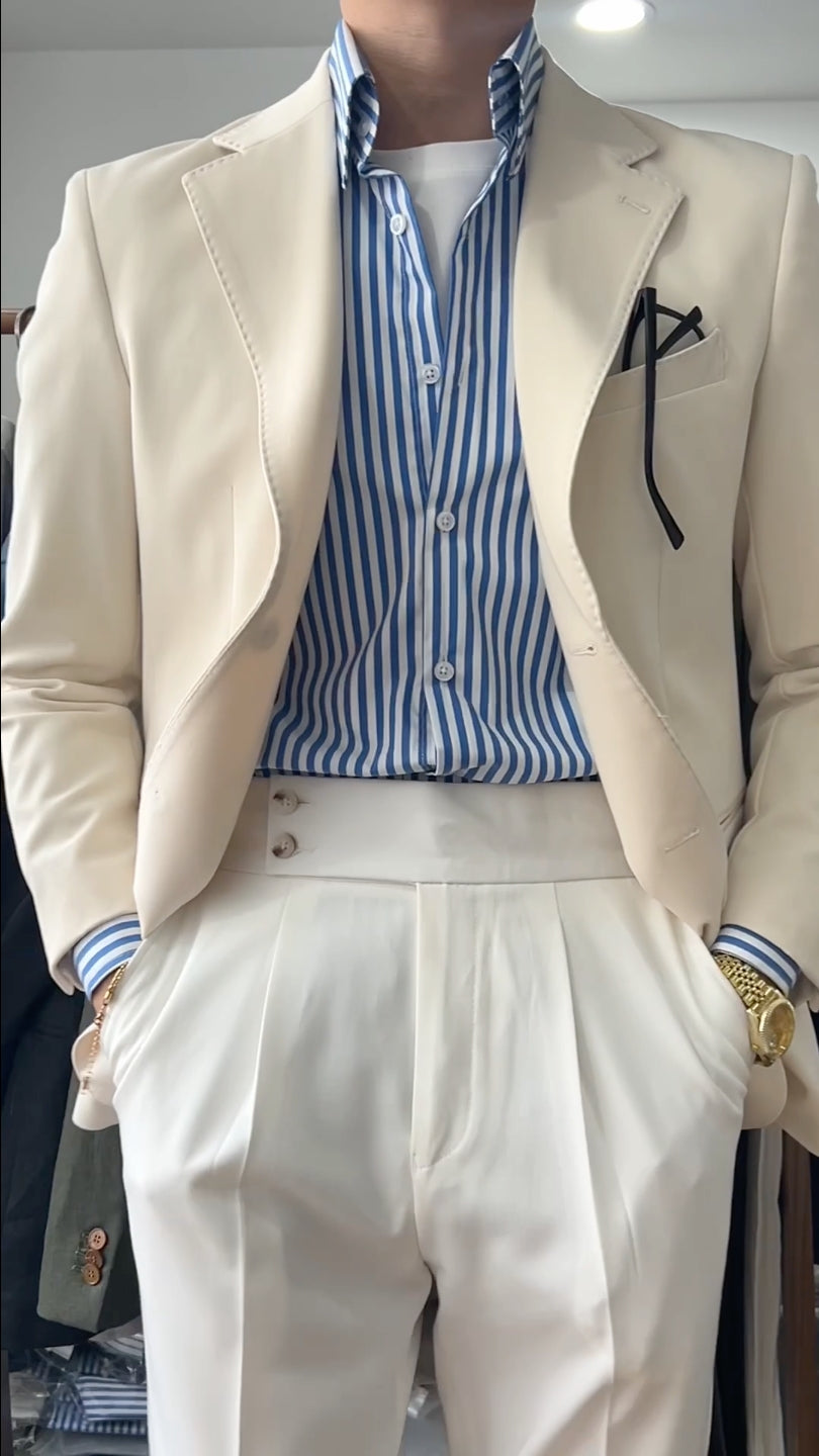 Beige White Notch Lapel 2-Button Blazer Suit