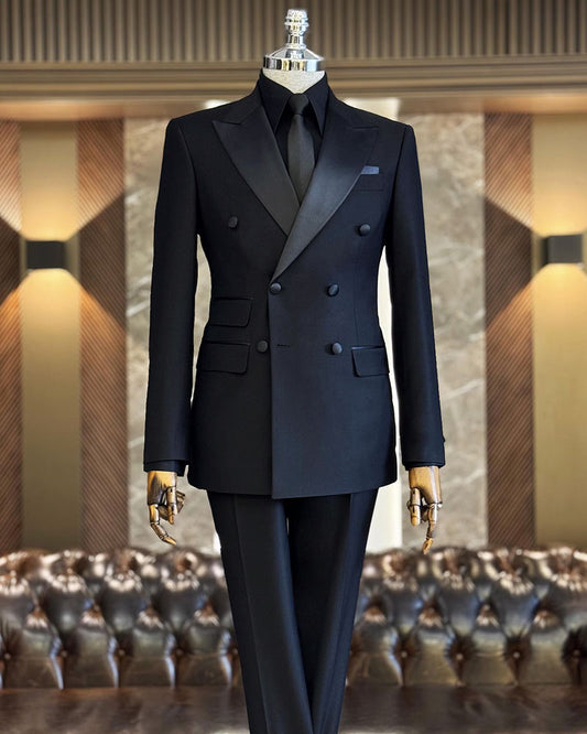 Black Slim 2 Piece Peaked Lapel Double Breasted Suits
