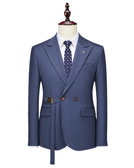 Costume bleu coupe moderne à 2 boutons avec ceinture flexible 
