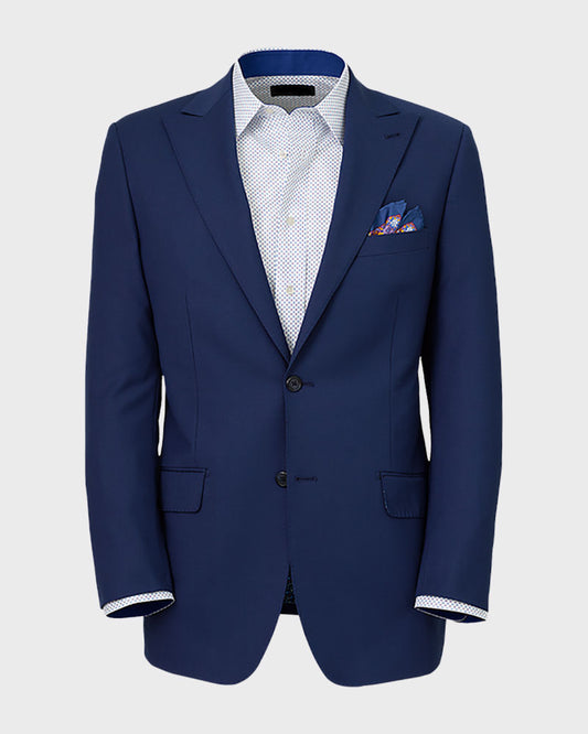 Costume bleu en laine stretch à simple boutonnage et revers en pointe