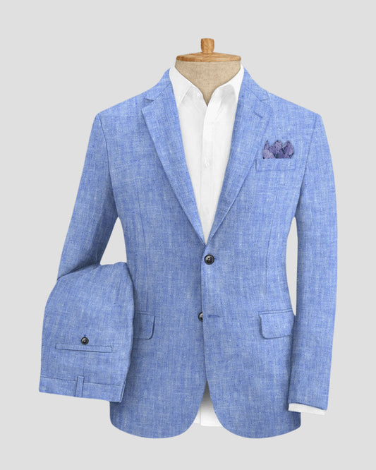 Blue Solid 2-Button Linen Suit