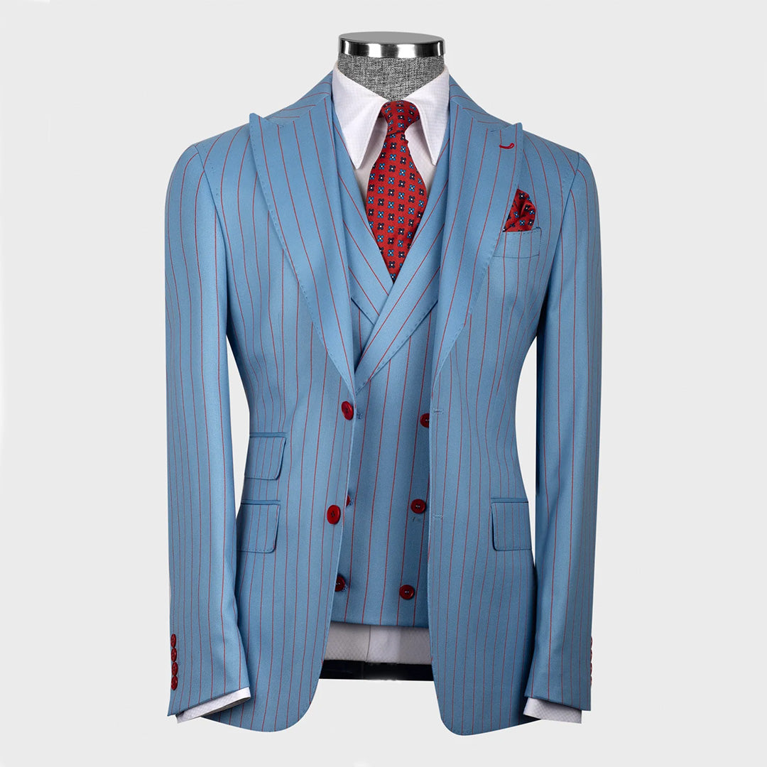 Blue Peak Lapel 3-piece Stripe Suit for Prom