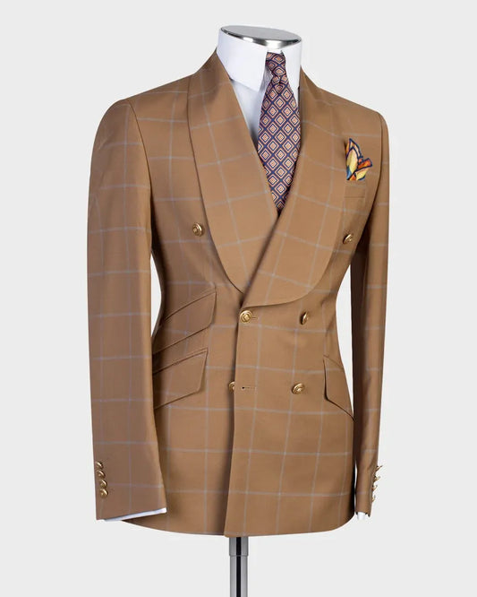 Brown 2 Piece Shawl Lapel Double Breasted Plaid Suits